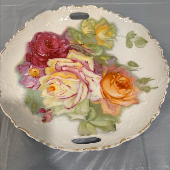 Antique Hand Painted Floral Porcelain Serving Tray w Handles | Gold Gilt - Picture 2 of 6